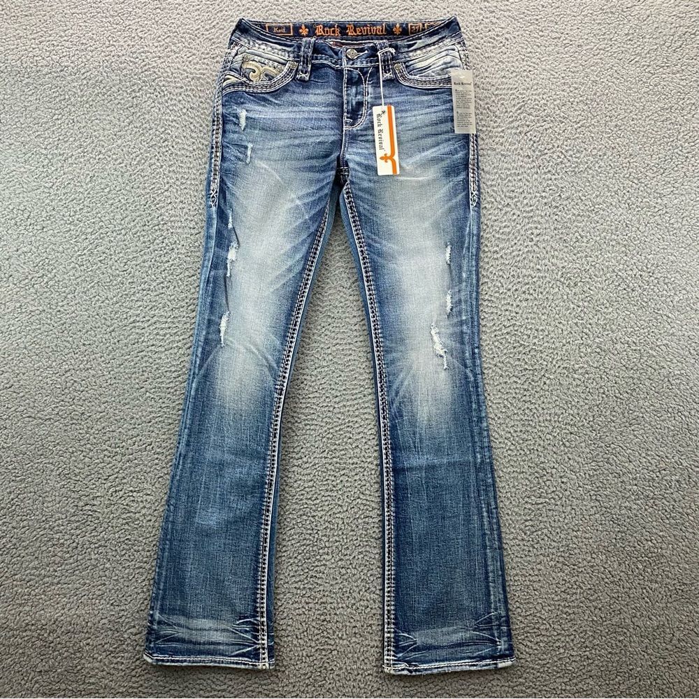 Rock Revival Women's Kait Boot Cut Distressed Embellished Jeans NWOT Size: 27